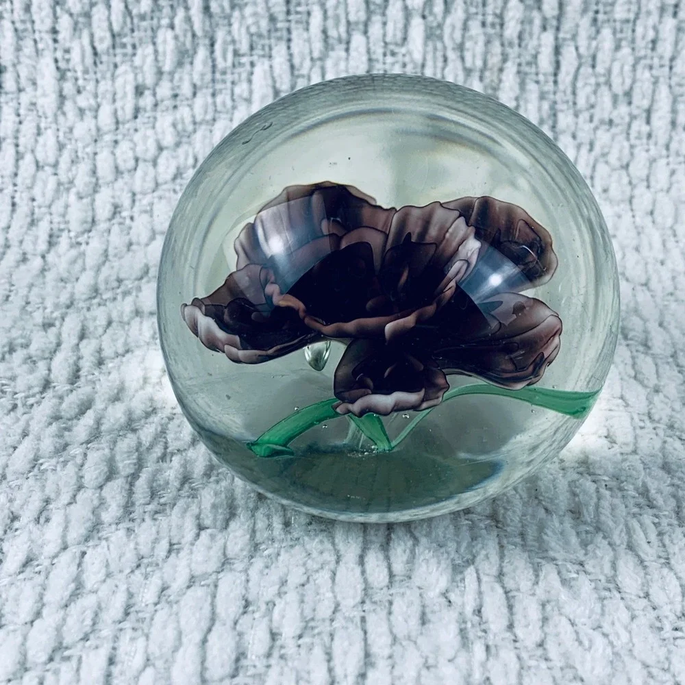 Vintage Glass Art Paperweight Encased Purple Iris Rose‎ Flower Floral Green Stem - Picture 4 of 8